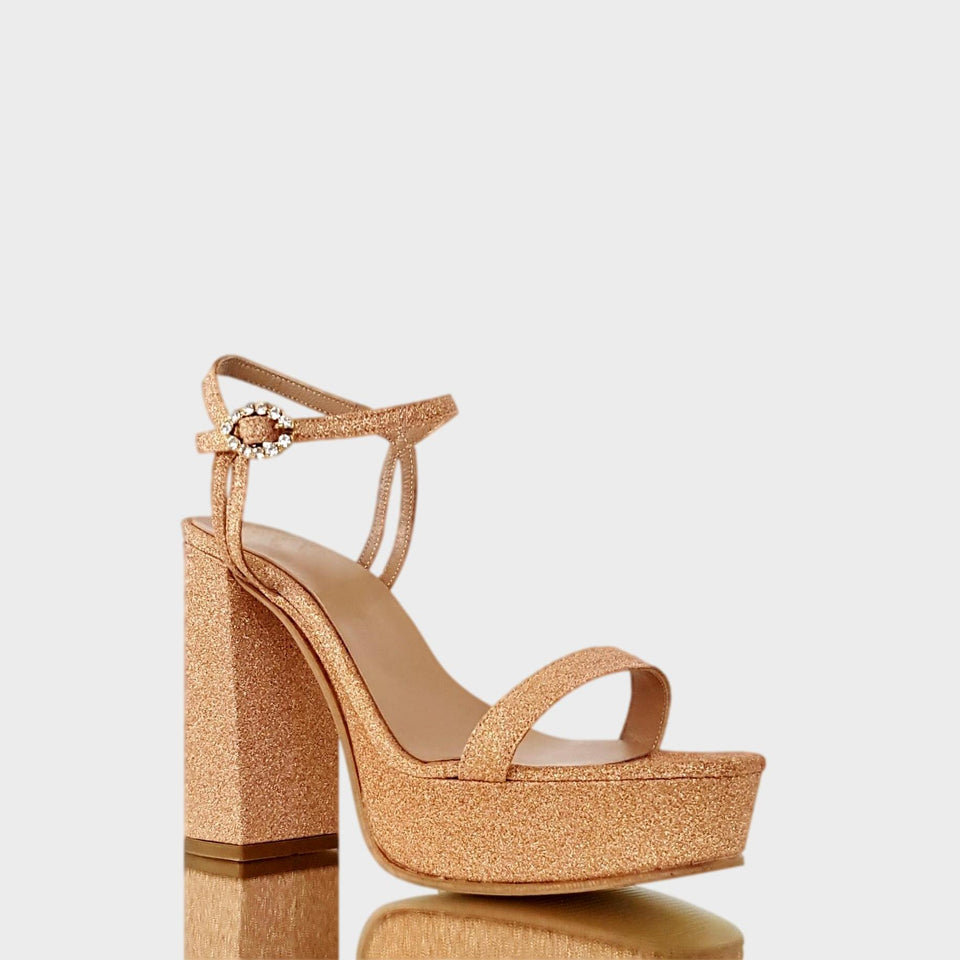 La chica de los stilettos Sandalias Noa Rose en Glitter Rose Gold con Taco Bloque de 11 cm y Plataforma de 3 cm Vista Lateral