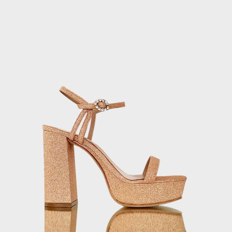 La chica de los stilettos Sandalias Noa Rose en Glitter Rose Gold con Taco Bloque de 11 cm y Plataforma de 3 cm