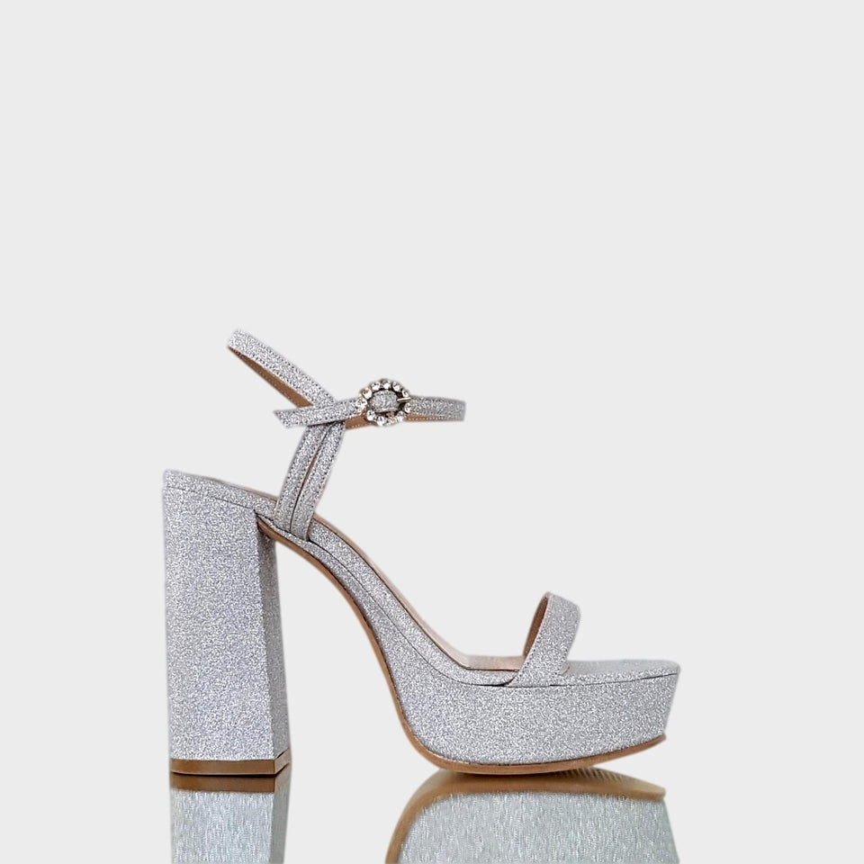 La chica de los stilettos Sandalias Noa Silver en Glitter Plata con Taco Bloque de 11 cm y Plataforma de 3 cm