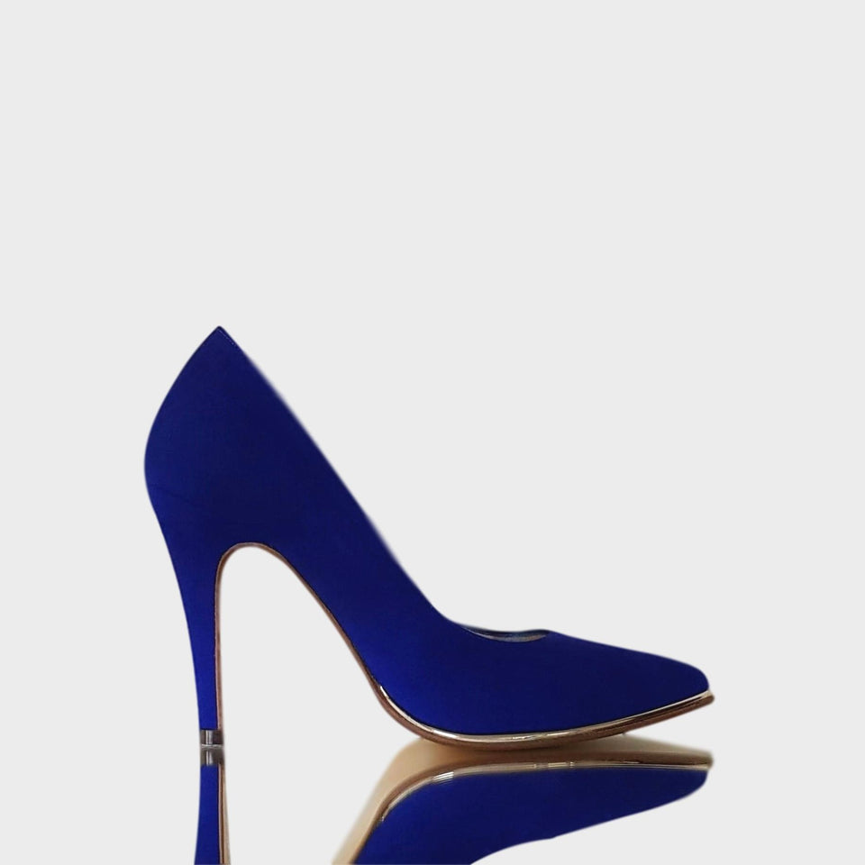La chica de los stilettos Stilettos Ivy Azul Eléctrico en Gamuza Natural con Virón Platino y Taco 10 cm