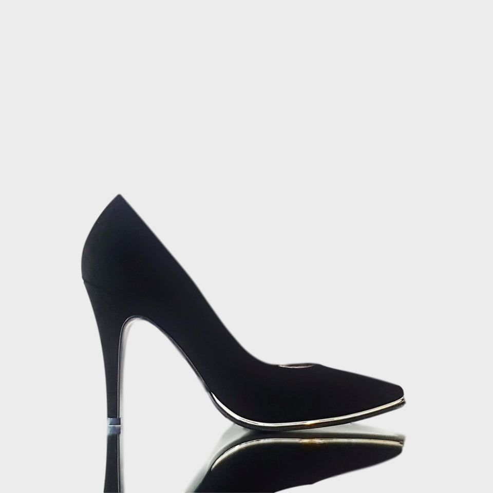 La chica de los stilettos Stilettos Ivy Negro en Gamuza Natural con Virón Platino y Taco 10 cm