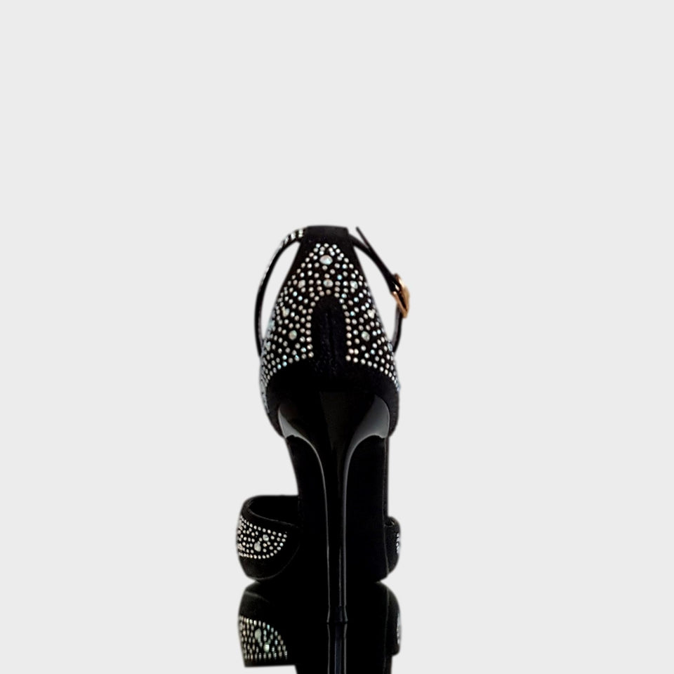 La chica de los stilettos Vista de Talón y Taco de Stilettos Blair Black en Color Negro Cubiertos con Cristales Transparentes y Taco de Acrílico Negro de 10 cm