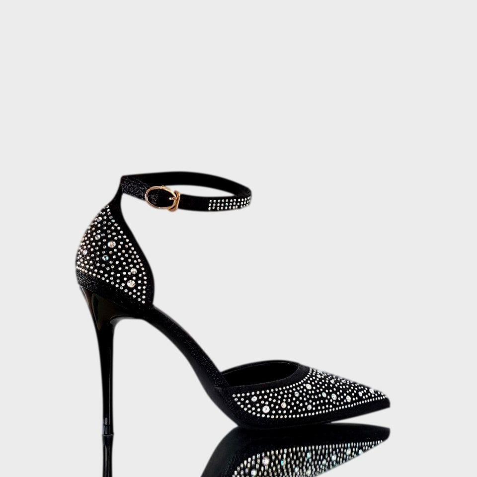 La chica de los stilettos Stilettos Blair Black en Color Negro Cubiertos con Cristales Transparentes y Taco de Acrílico Negro de 10 cm