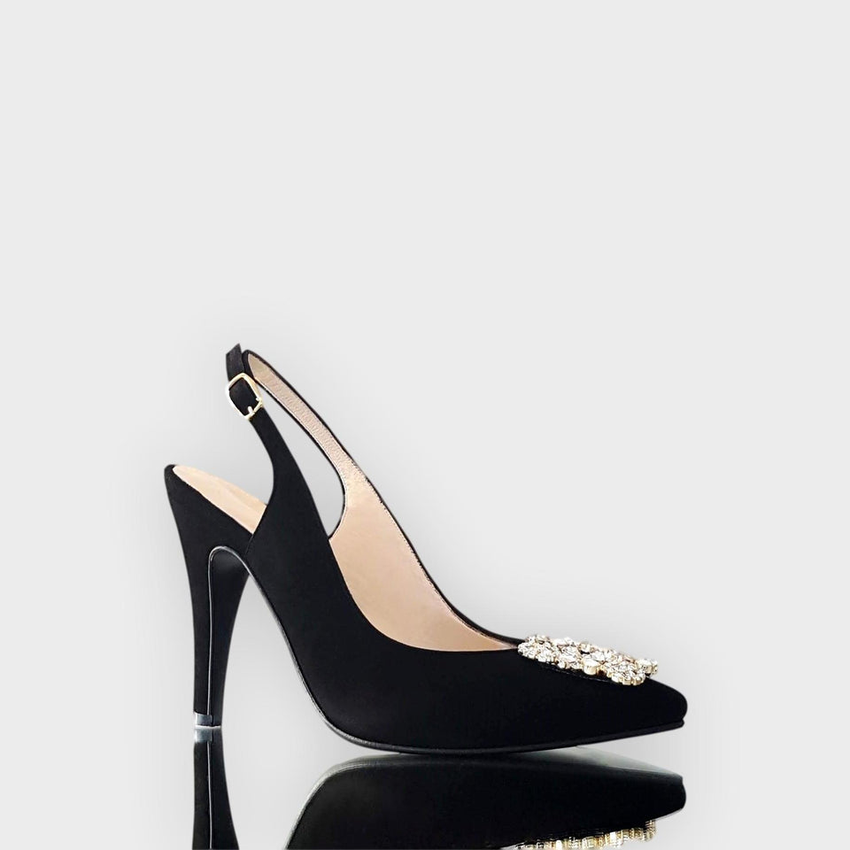 La chica de los stilettos Stilettos Blair Negro con Hebilla Platino y Taco 10 cm Frente y Perfil