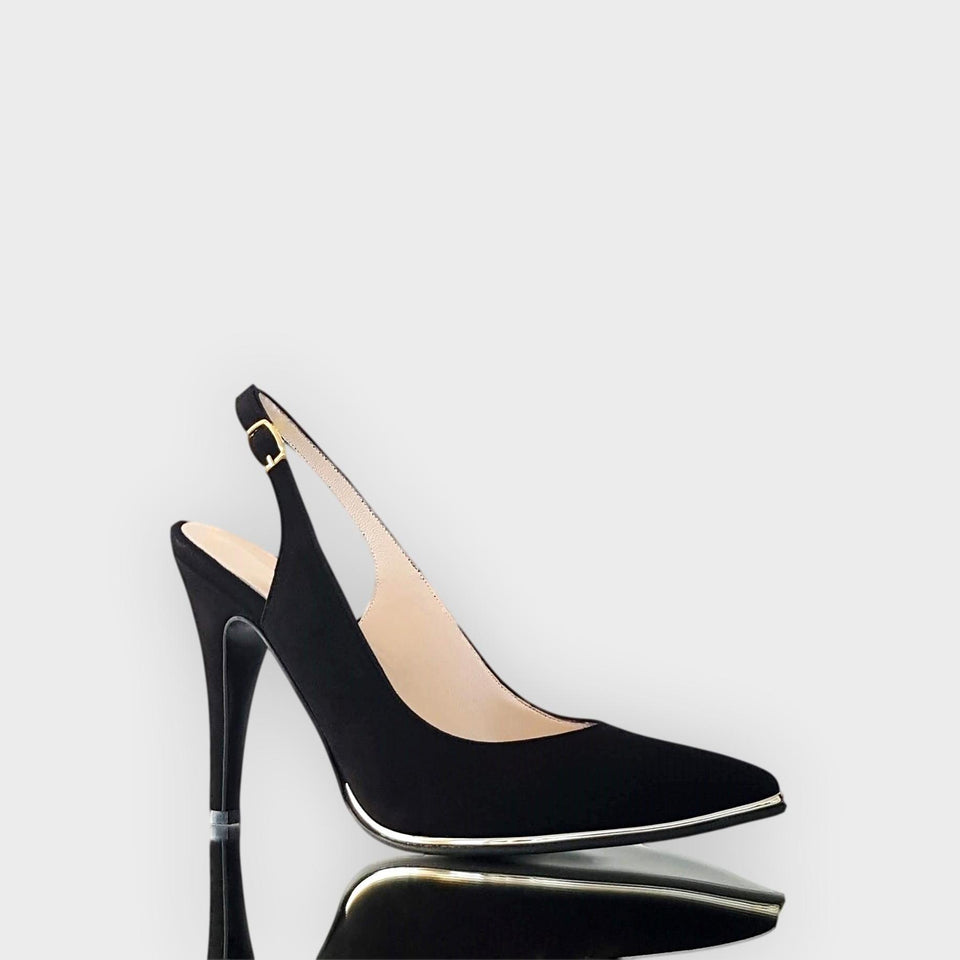La chica de los stilettos Stilettos Blake Negro con Virón Platino y Taco 10 cm Frente y Perfil