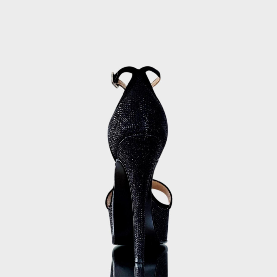 La chica de los stilettos Sandalias Ginger en Glitter Negro con Taco de 12 cm y Plataforma de 4 cm Talón y Taco