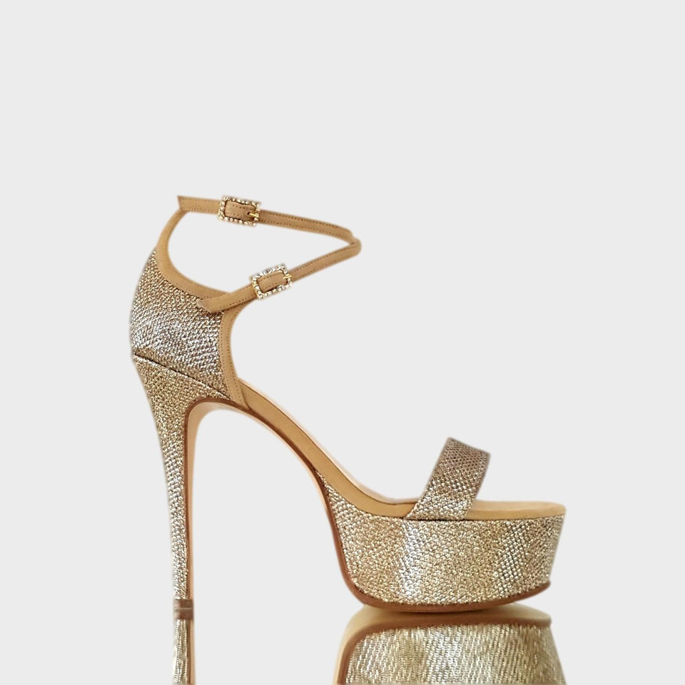 La chica de los stilettos Sandalias Ginger Gold en Glitter Dorado Oscuro con Taco de 12 cm y Plataforma de 4 cm