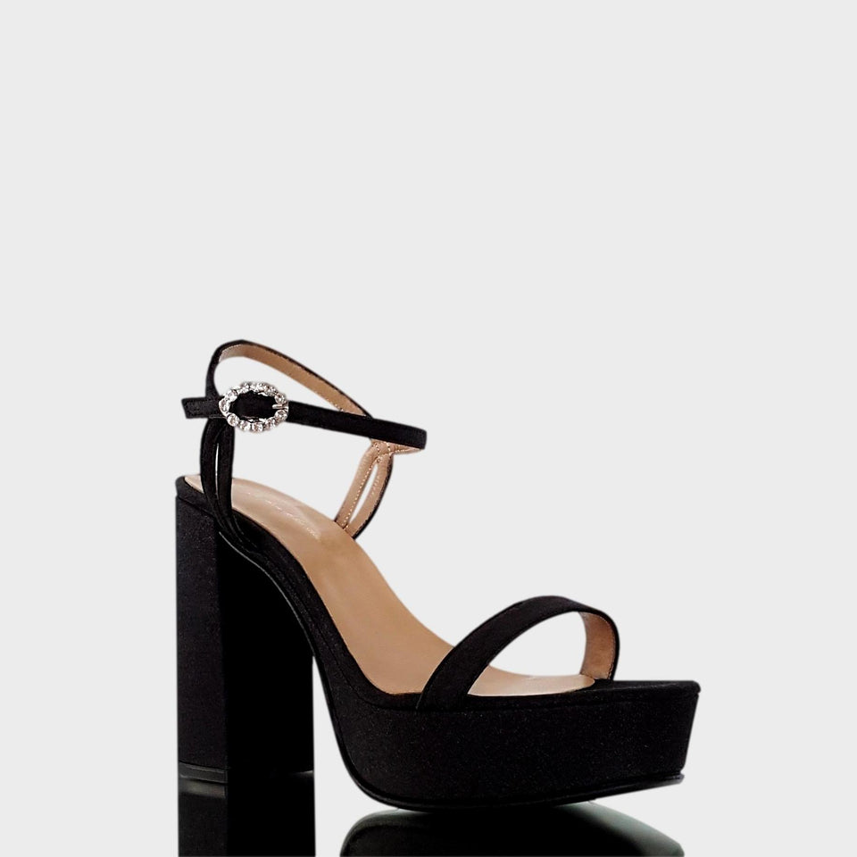 La chica de los stilettos Sandalias Noa Black en Glitter Negro con Taco Bloque de 11 cm y Plataforma de 3 cm Vista Lateral
