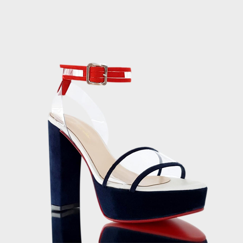 La chica de los stilettos Sandalias Sasha Blue con Taco Bloque y Plataforma en Gamuza Azul y Combinada con PVC Transparente Vista Lateral