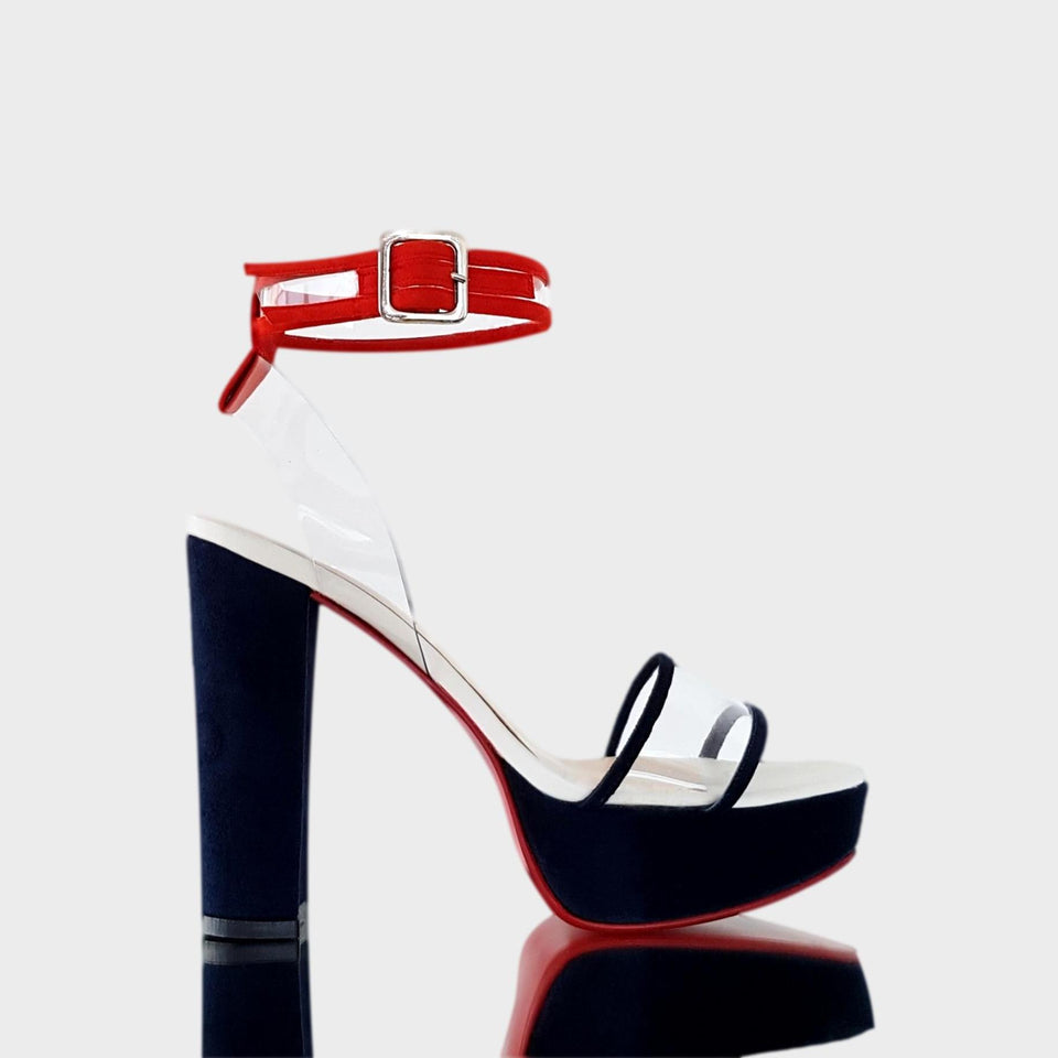 La chica de los stilettos Sandalias Sasha Blue con Taco Bloque y Plataforma en Gamuza Azul y Combinada con PVC Transparente