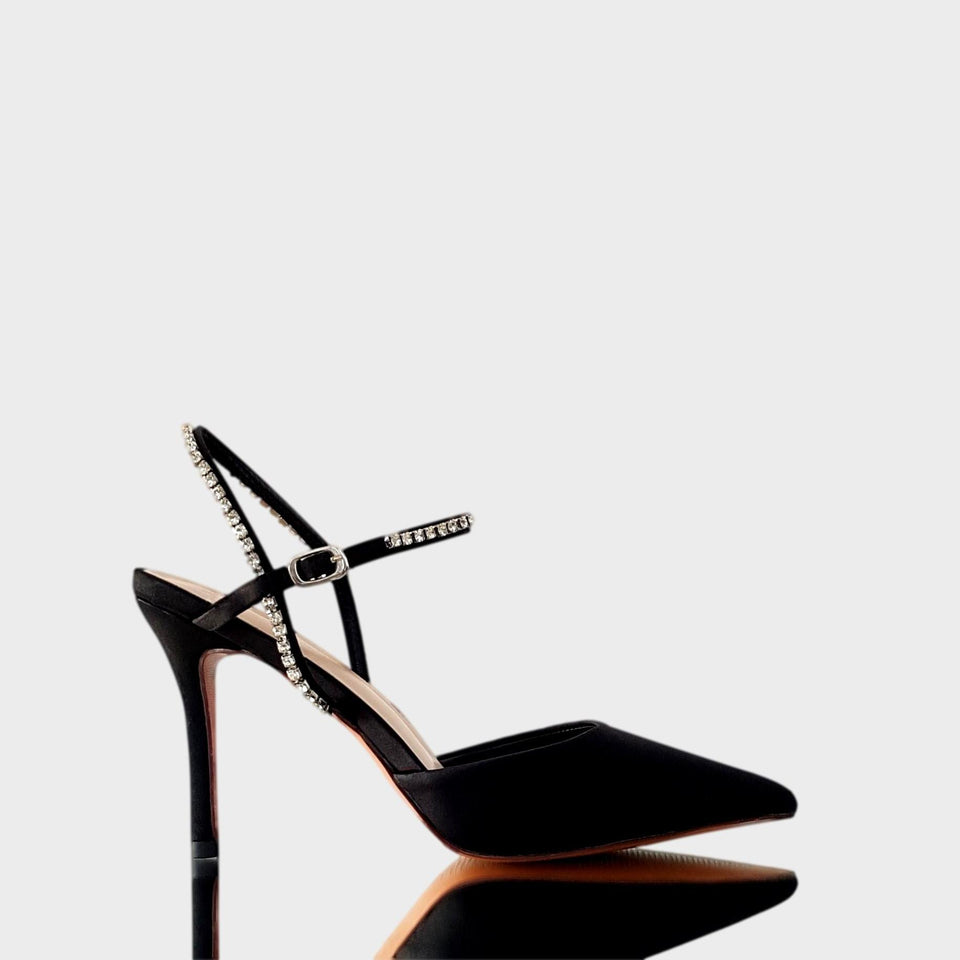 La chica de los stilettos Stilettos Gaia Black en Raso Negro con Talón Descubierto Correas de Strass y Taco de 10 cm