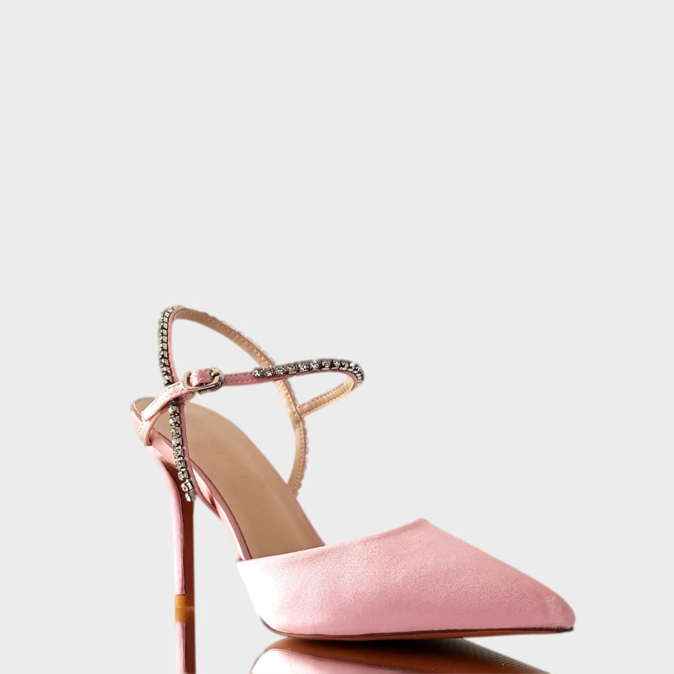 La chica de los stilettos Stilettos Gaia Rose en Raso Rosa con Talón Descubierto Correas de Strass y Taco de 10 cm Vista Lateral